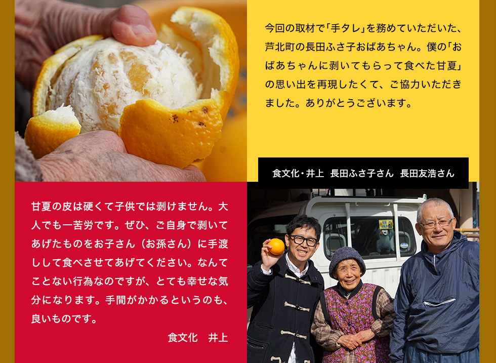 今回の取材で「手タレ」を務めていただいた、芦北町の長田ふさ子おばあちゃん。僕の「おばあちゃんに剥いてもらって食べた甘夏」の思い出を再現したくて、ご協力いただきました。ありがとうございます。<br><br>
甘夏の皮は硬くて子供では剥けません。大人でも一苦労です。ぜひ、ご自身で剥いてあげたものをお子さん(お孫さん)に手渡しして食べさせてあげてください。なんてことない行為なのですが、とても幸せな気分になります。手間がかかるというのも、良いものです。